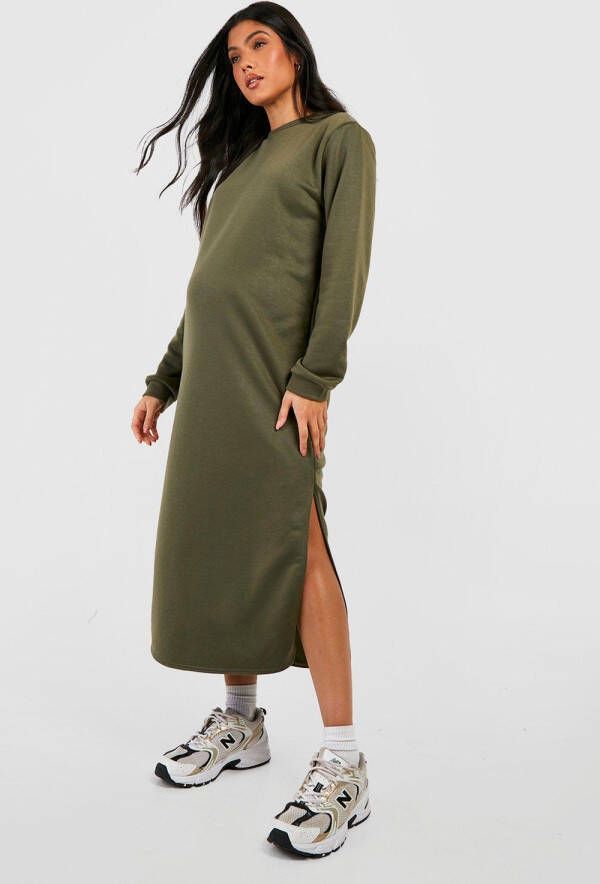boohoo Zwangerschap Long Line Trui Jurk Met Split, Khaki