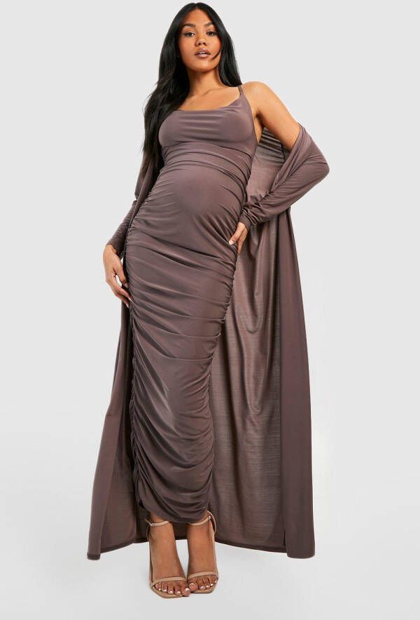 boohoo Zwangerschap Maxi Jurk Met Bandjes En Losse Col En Duster Jas, Mocha