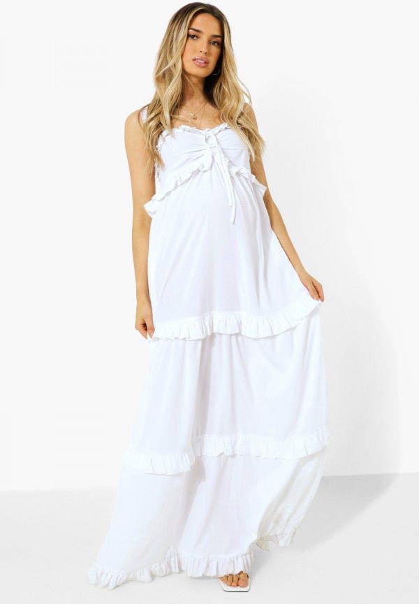 boohoo Zwangerschap Maxi Jurk Met Geplooide Schouders, White
