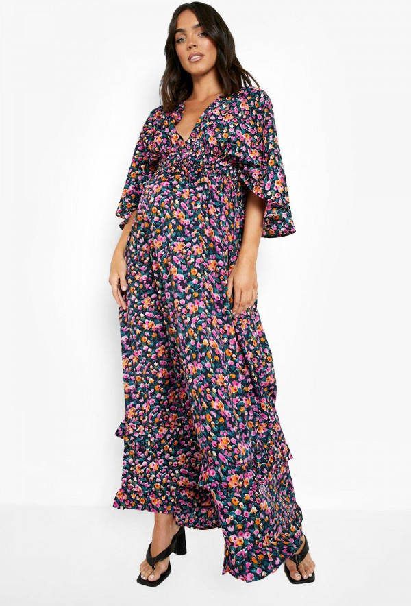 boohoo Zwangerschap Maxi Wikkel Jurk Met Geplooide Zoom, Black