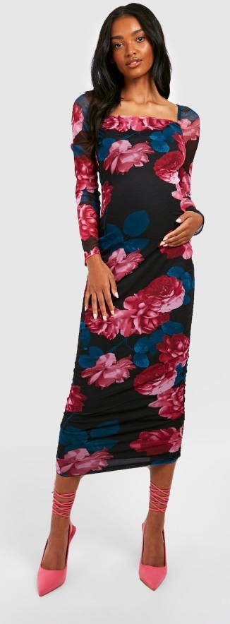 boohoo Zwangerschap Mesh Bloemen Midi Jurk Met Vierkante Hals, Black
