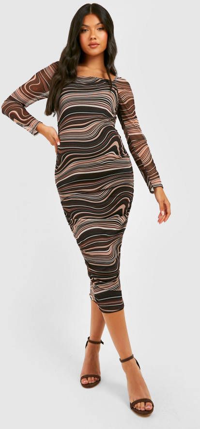 boohoo Zwangerschap Mesh Marmerprint Midi Jurk Met Vierkante Hals, Brown