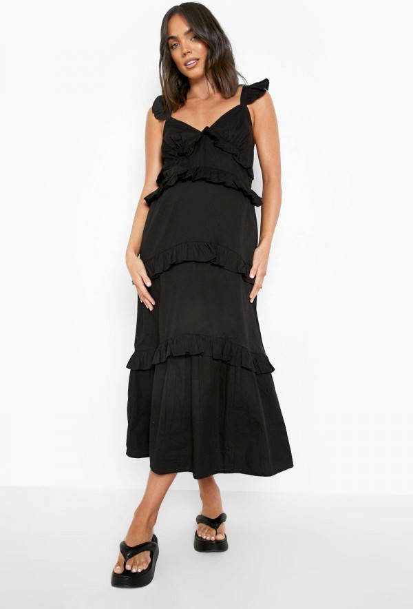 boohoo Zwangerschap Midaxi Jurk Met Geplooide Strik, Black