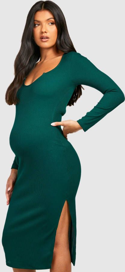 boohoo Zwangerschap Midi Jurk Met Hals Inkeping, Dark Green