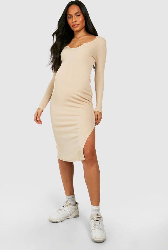 boohoo Zwangerschap Midi Jurk Met Hals Inkeping, Stone