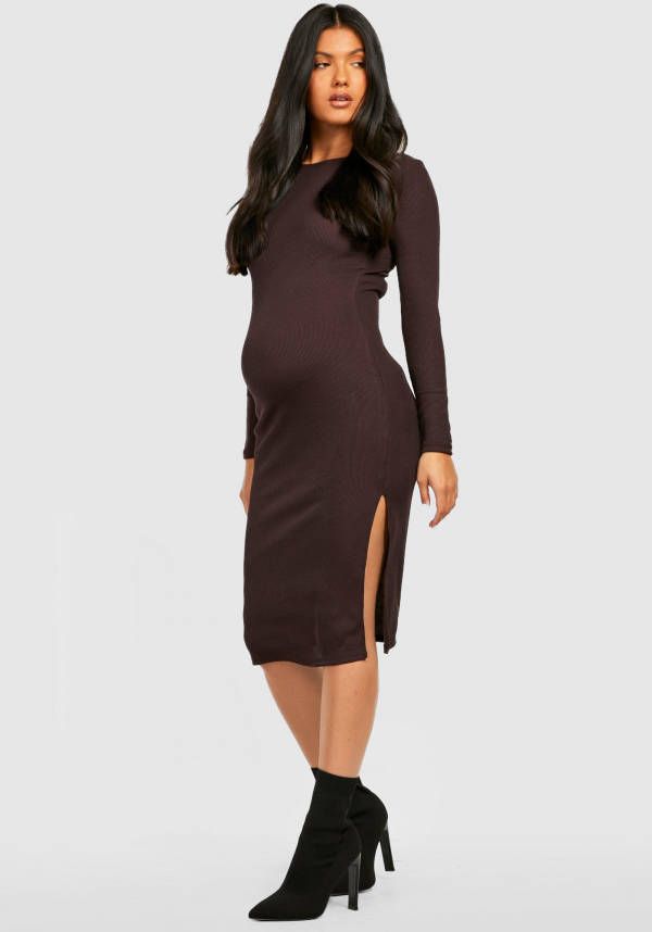 boohoo Zwangerschap Midi Jurk Met Lange Mouwen En Split, Chocolate