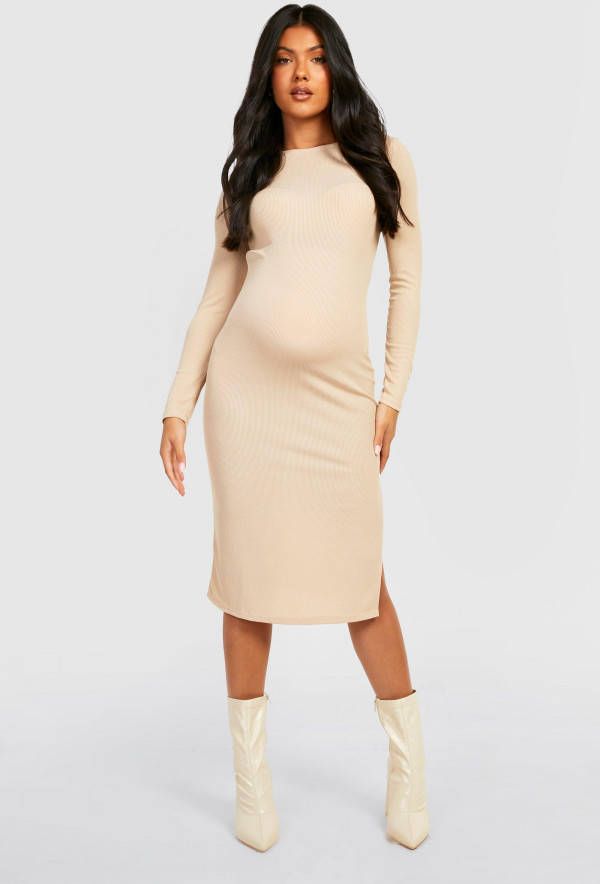 boohoo Zwangerschap Midi Jurk Met Lange Mouwen En Split, Stone