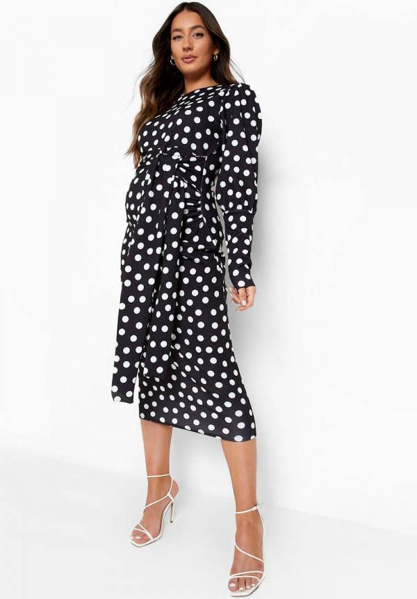 boohoo Zwangerschap Midi Jurk Met Stippen En Ceintuur, Black