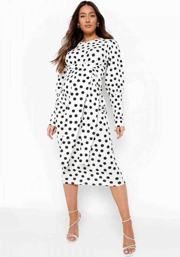 boohoo Zwangerschap Midi Jurk Met Stippen En Ceintuur, White