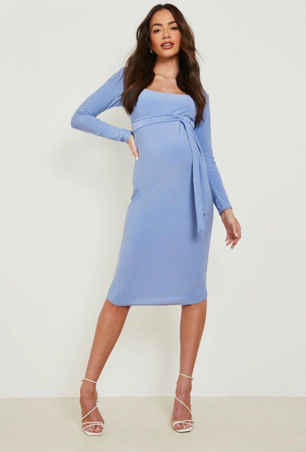 boohoo Zwangerschaps Midi Jurk Met Vierkante Hals En Lange Mouwen, Blue