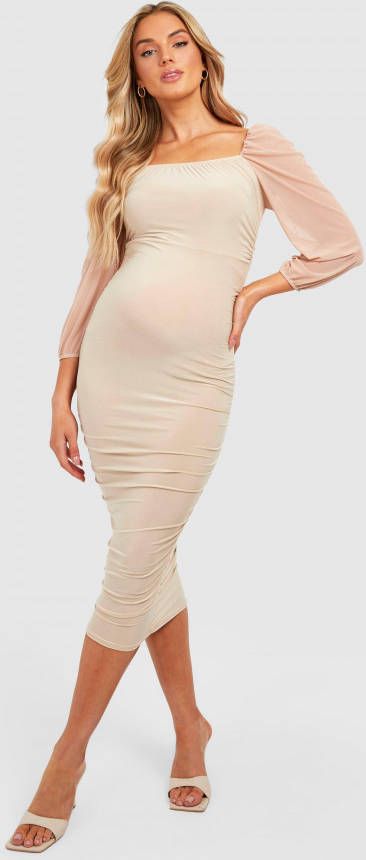 boohoo Zwangerschap Midi Jurk Met Vierkante Hals En Mesh Mouwen, Stone