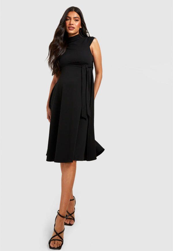boohoo Zwangerschap Midi Skater Jurk Met Ceintuur, Black