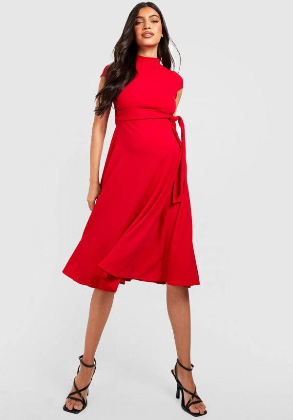 boohoo Zwangerschap Midi Skater Jurk Met Ceintuur, Red