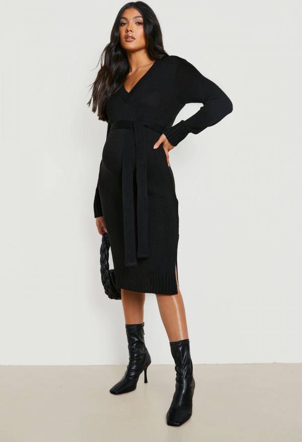 boohoo Zwangerschap Midi Trui Jurk Met V Hals, Black
