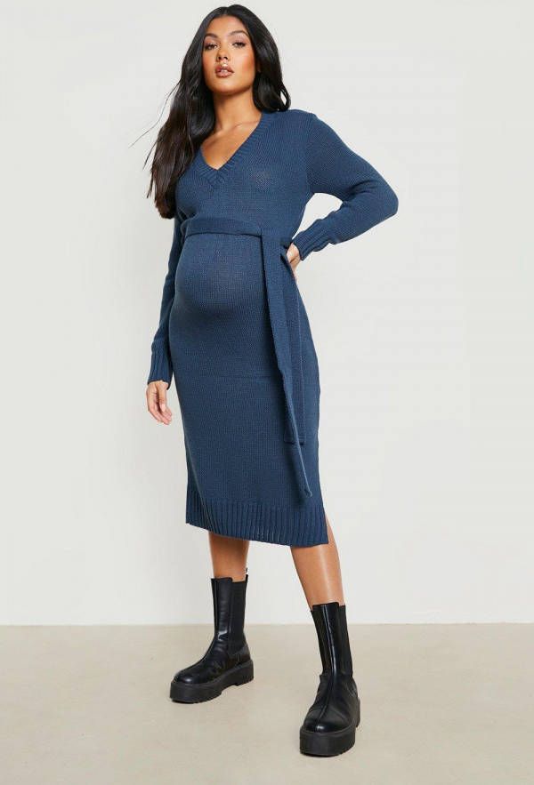 boohoo Zwangerschap Midi Trui Jurk Met V Hals, Dark Blue