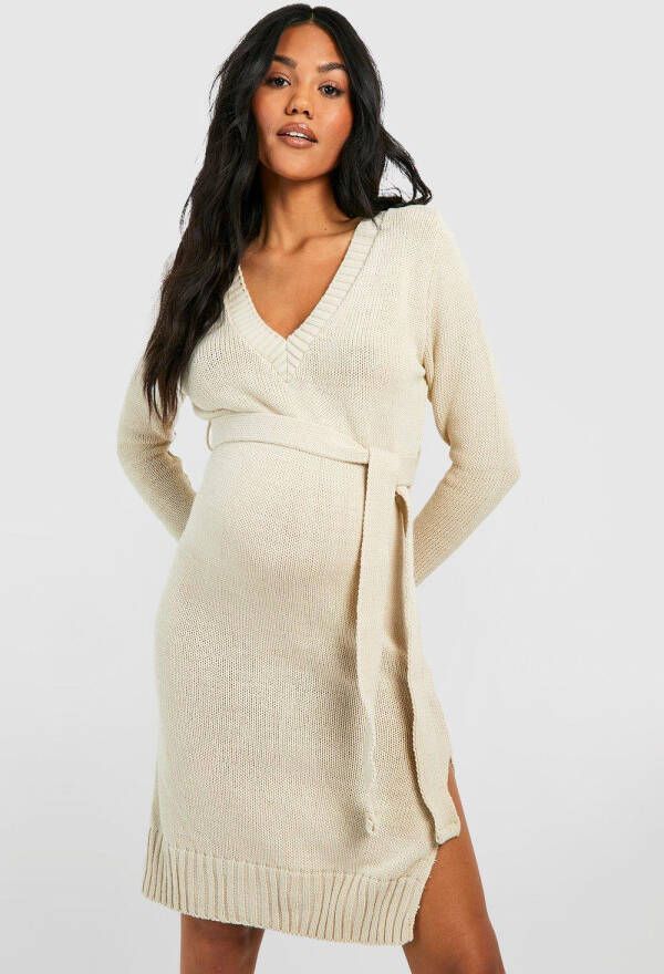 boohoo Zwangerschap Midi Trui Jurk Met V Hals, Stone