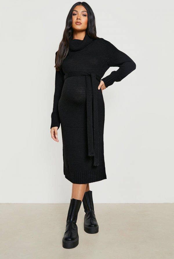 boohoo Zwangerschap Midi Trui Jurk Met Waterval Hals, Black
