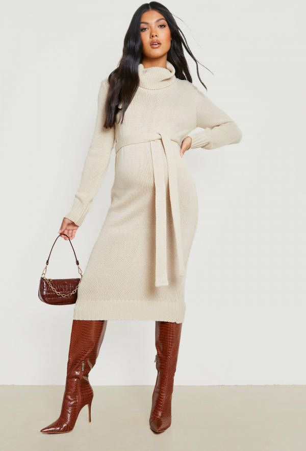 boohoo Zwangerschap Midi Trui Jurk Met Waterval Hals, Stone
