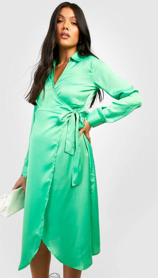 boohoo Zwangerschap Midi Wikkel Jurk, Bright Green