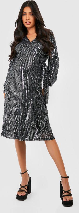boohoo Zwangerschap Midi Wikkeljurk Met Pailletten, Black