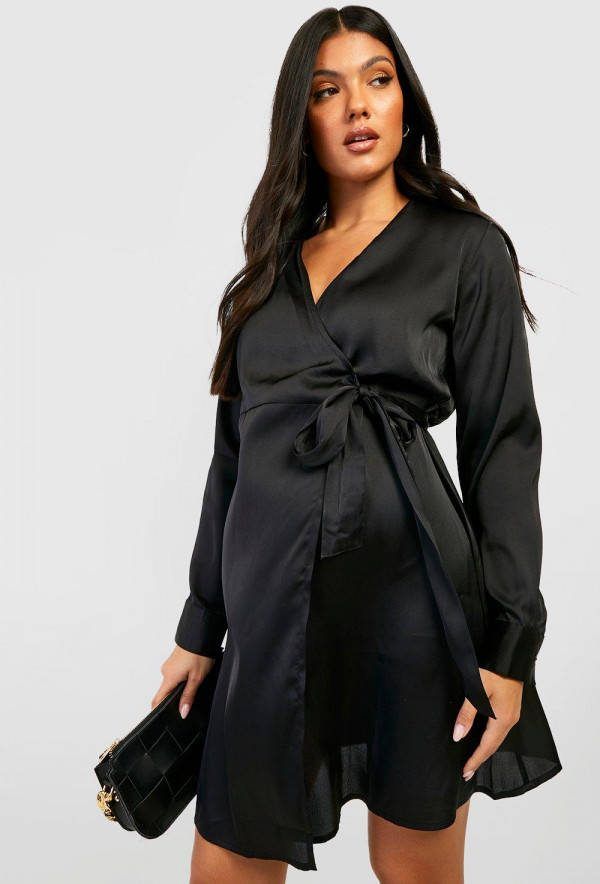 boohoo Zwangerschap Mini Wikkel Jurk, Black