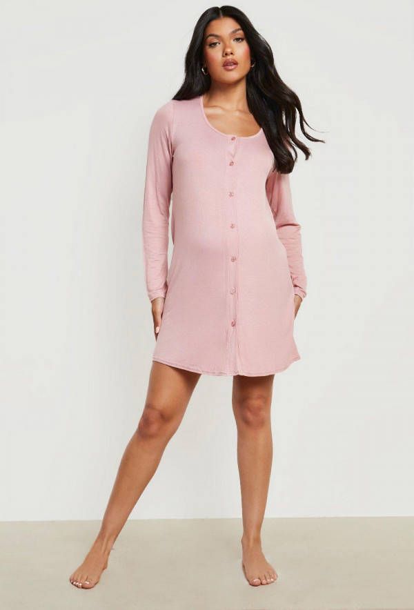 boohoo Zwangerschap Nachtjapon Met Lange Mouwen En Knopen, Rose