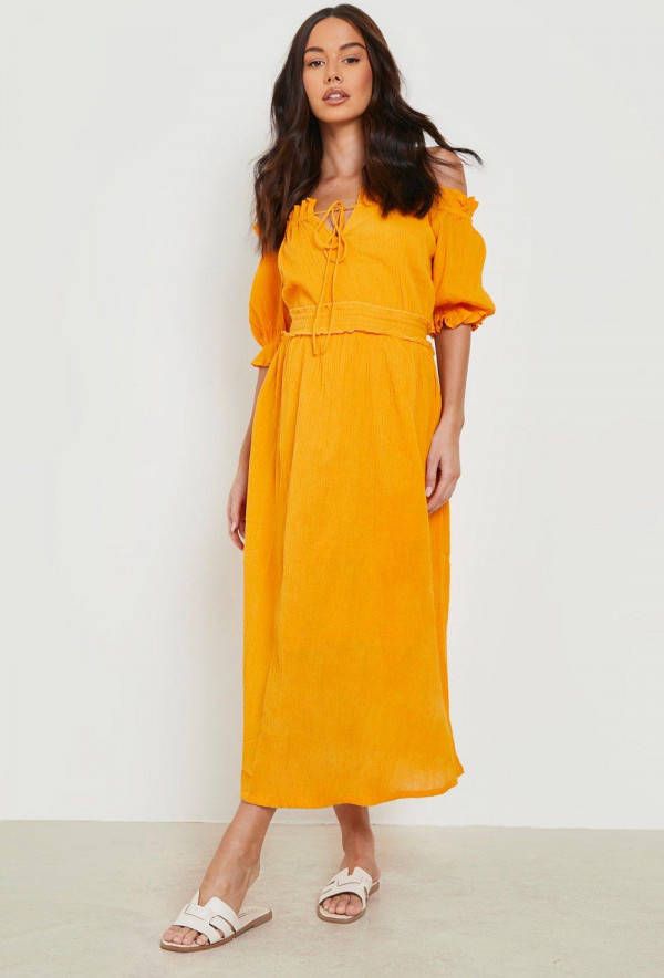 boohoo Zwangerschap Off Shoulder Midi Jurk Met Geplooide Taille, Saffron