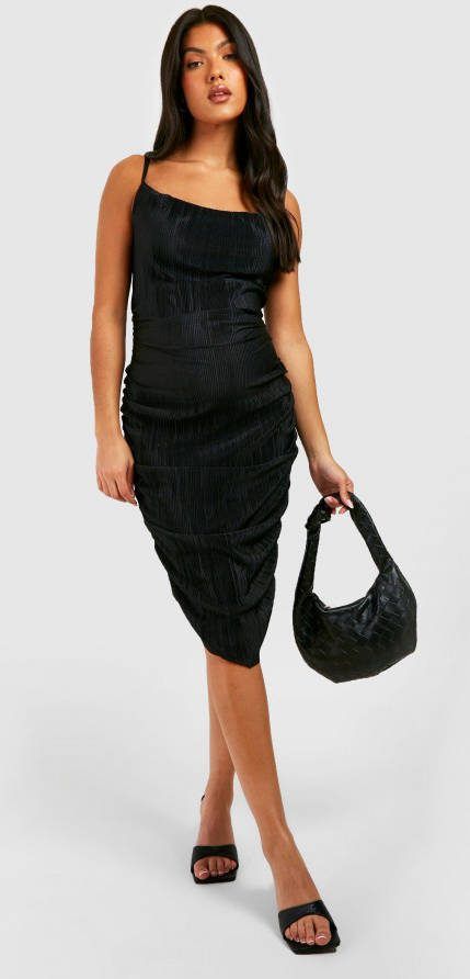 boohoo Zwangerschap Plisse Midi Jurk Met Bandjes En Losse Col, Black