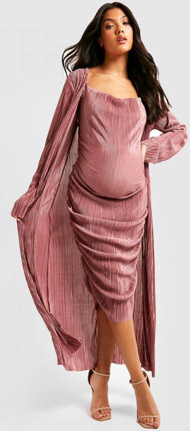 boohoo Zwangerschap Plisse Midi Jurk Met Bandjes En Losse Col, Rose