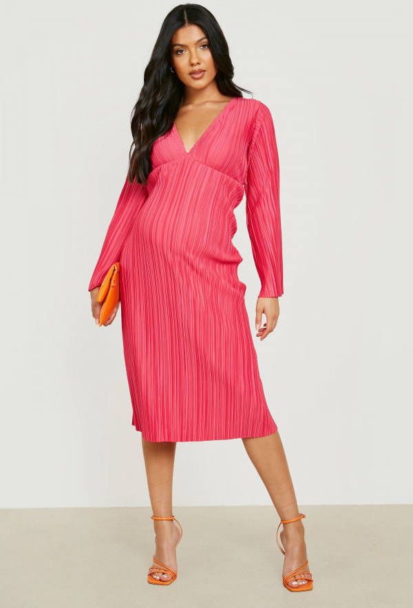 boohoo Zwangerschap Plisse Midi Jurk Met Wijde Mouwen, Hot Pink