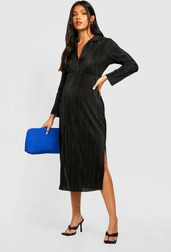 boohoo Zwangerschap Plisse Midi Jurk Met Zijsplit, Black