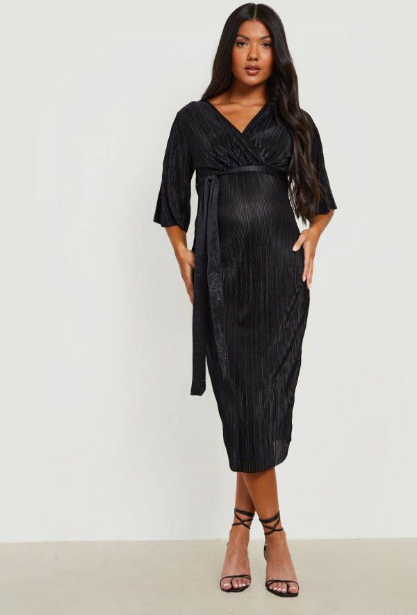 boohoo Zwangerschap Plisse Midi Wikkeljurk, Black