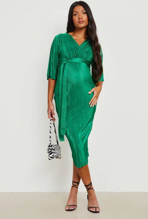 boohoo Zwangerschap Plisse Midi Wikkeljurk, Green