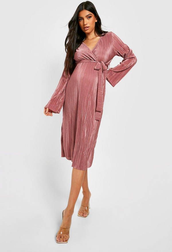 boohoo Zwangerschap Plisse Midi Wikkeljurk, Rose