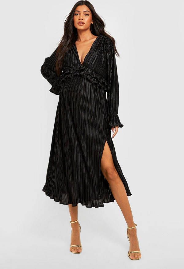 boohoo Zwangerschap Plisse Satijnen Midaxi Jurk Met Ruches, Black