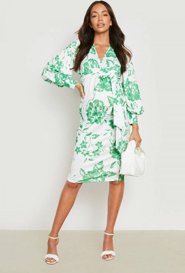 boohoo Zwangerschap Porselein Print Midi Jurk Met Ceintuur, Green