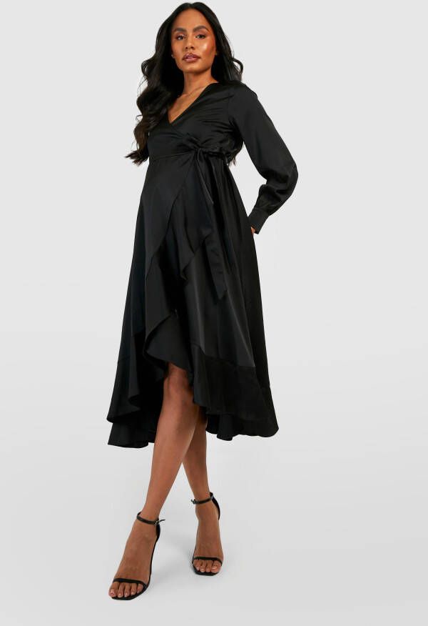 boohoo Zwangerschap Satijnen Gelegenheids Midaxi Wikkel Jurk Met Geplooide Zoom, Black