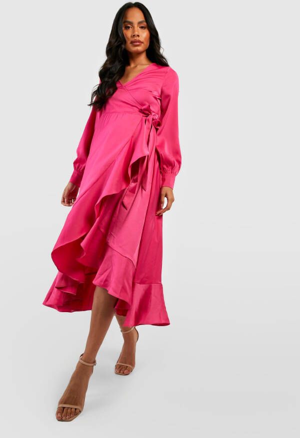 boohoo Zwangerschap Satijnen Gelegenheids Midaxi Wikkel Jurk Met Geplooide Zoom, Pink