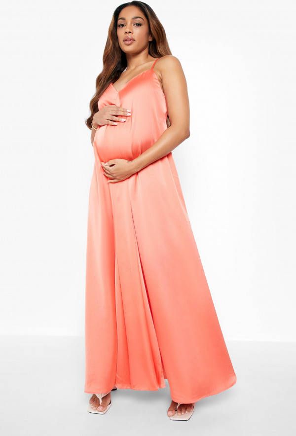 boohoo Zwangerschap Satijnen Maxi Jurk Met V Hals, Pink
