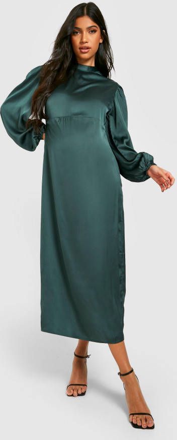 boohoo Zwangerschap Satijnen Midaxi Jurk Met Open Rug, Dark Green