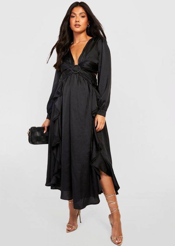 boohoo Zwangerschap Satijnen Midaxi Jurk Met Ruches, Black