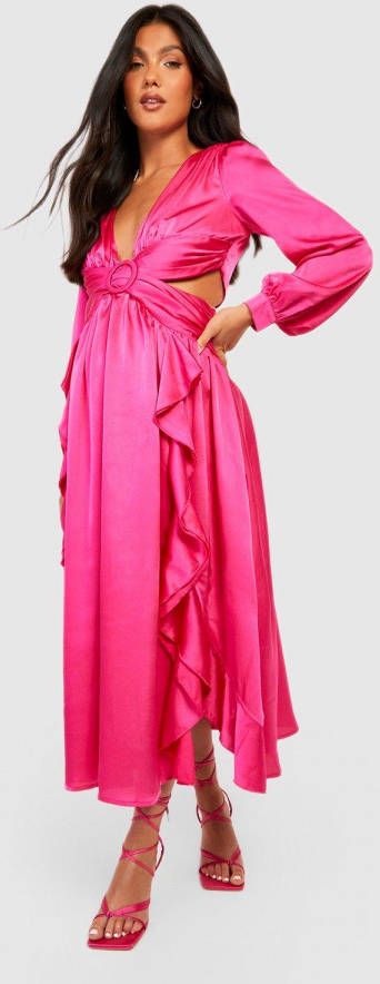 boohoo Zwangerschap Satijnen Midaxi Jurk Met Ruches, Hot Pink