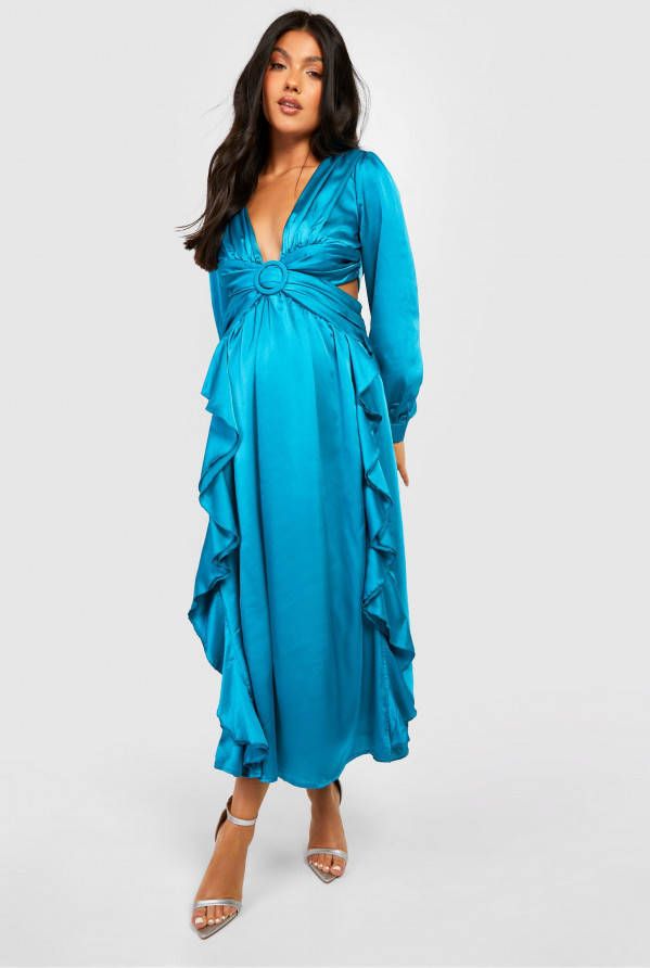 boohoo Zwangerschap Satijnen Midaxi Jurk Met Ruches, Teal