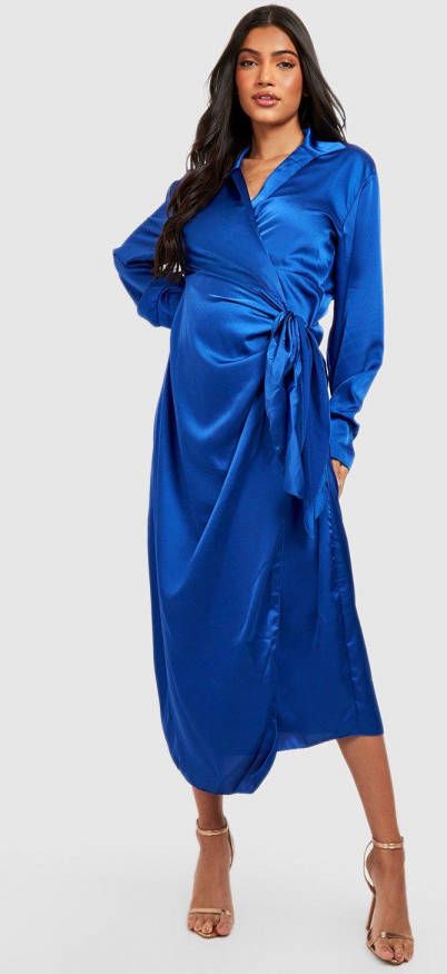 boohoo Zwangerschap Satijnen Midi Wikkel Jurk, Cobalt