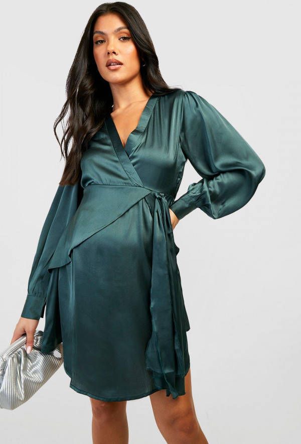 boohoo Zwangerschap Satijnen Mini Skater Jurk, Dark Green