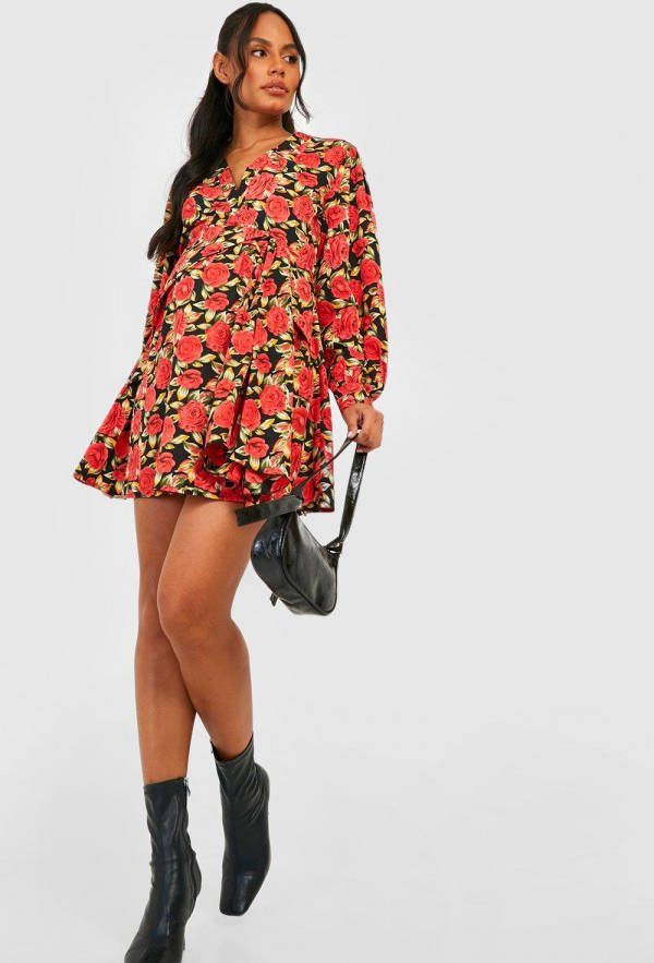 boohoo Zwangerschap Skater Mini Jurk Met Print, Black
