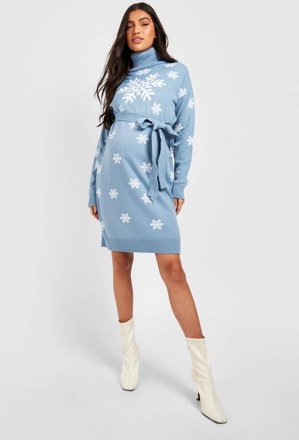 boohoo Zwangerschap Sneeuwvlokken Kersttrui Jurk, Blue