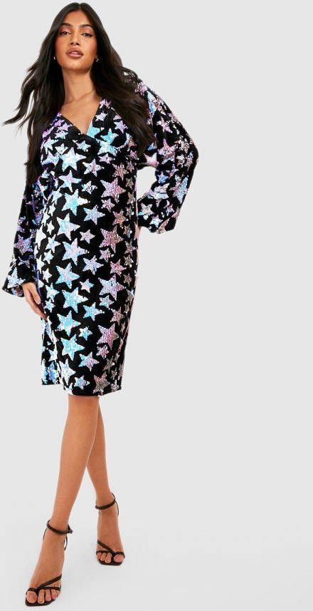 boohoo Zwangerschap Sterren Glitter Midi Jurk Met Pailletten, Black