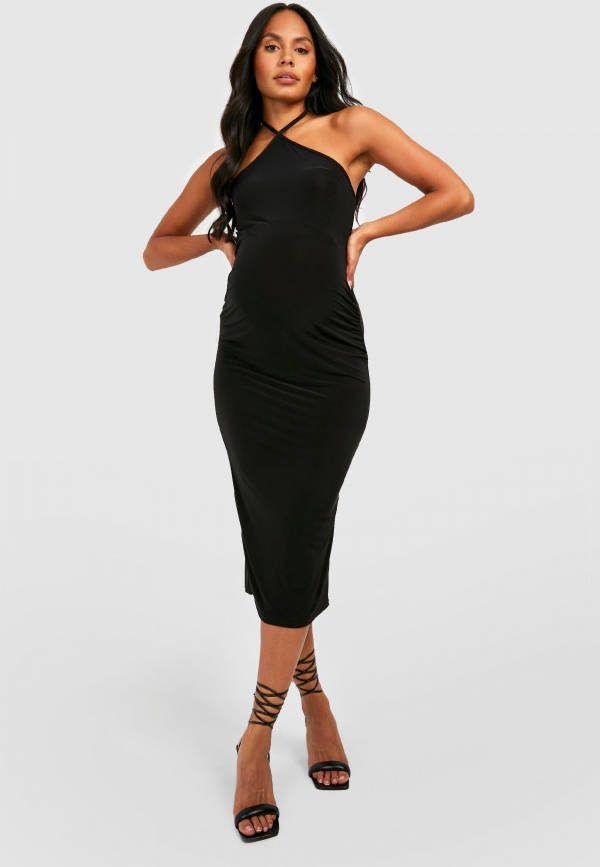 boohoo Zwangerschap Strakke Halter Midi Jurk, Black