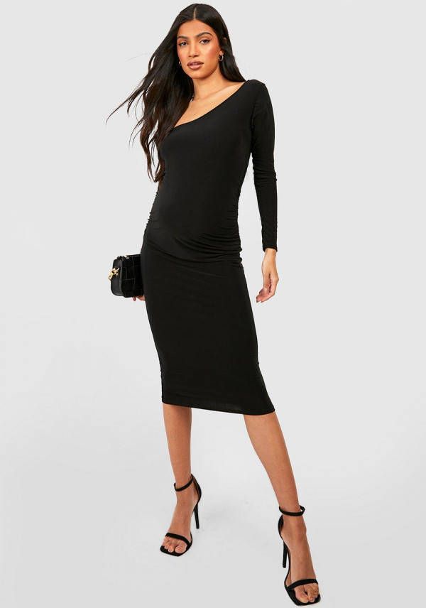 boohoo Zwangerschap Strakke Midi Jurk Met Asymmetrische Hals, Black